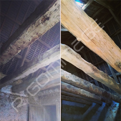 Sablage poutres apparentes en chêne Rennes avant-après