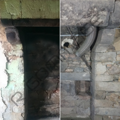 Décapage cheminée pierres apparentes Rennes avant-après